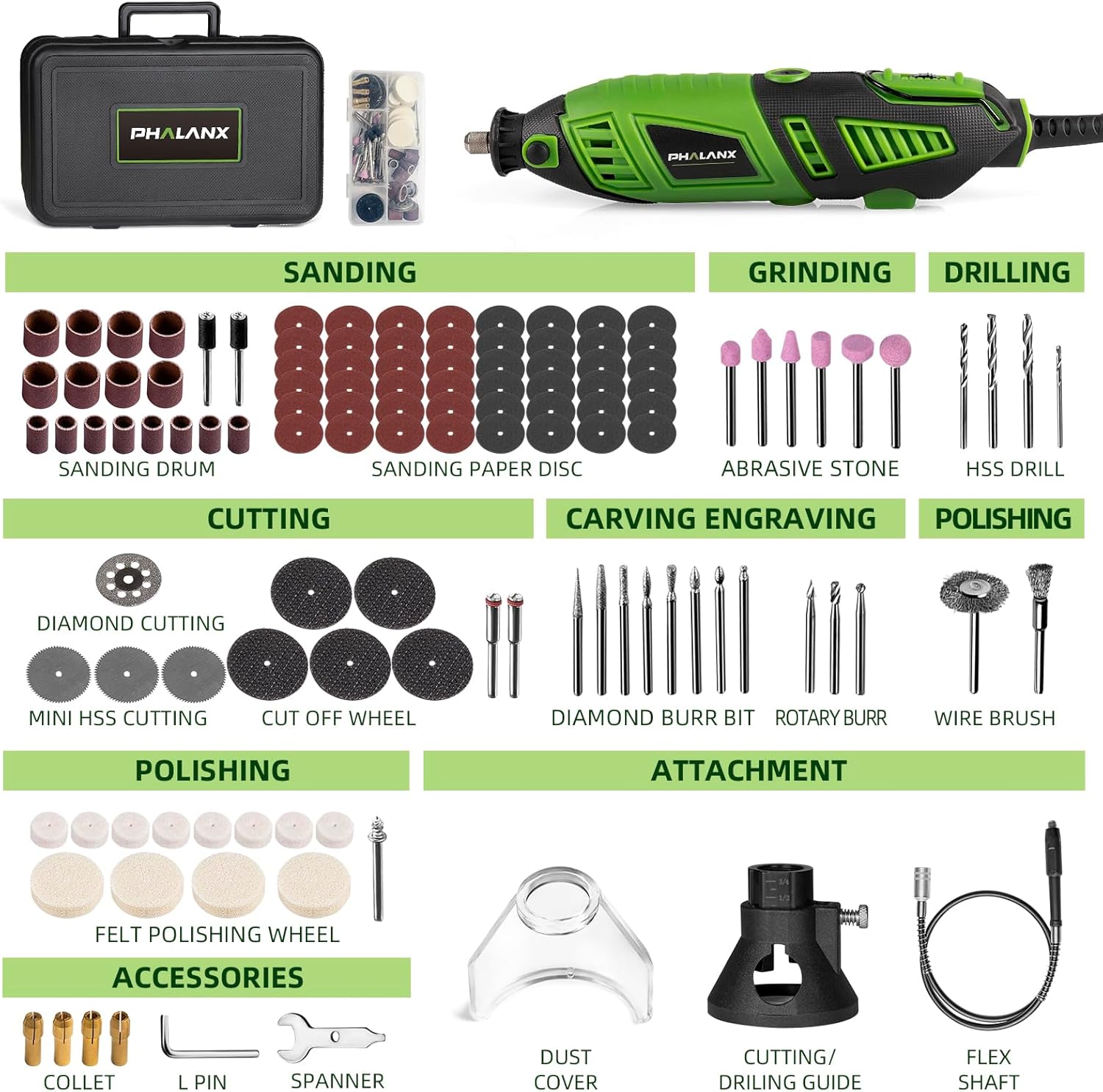 180W Rotary Tool Kit, 1.5-Amp PHALANX 6 Variable Speed with Flex Shaft, 8000-32000RPM Multi-Tool& 139pcs Accessories Kit, Power Multiuse Set Prefect for Crafting Projects and DIY Creations… - Image 2
