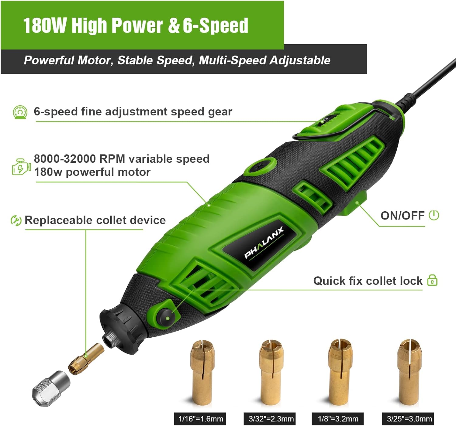 180W Rotary Tool Kit, 1.5-Amp PHALANX 6 Variable Speed with Flex Shaft, 8000-32000RPM Multi-Tool& 139pcs Accessories Kit, Power Multiuse Set Prefect for Crafting Projects and DIY Creations… - Image 3