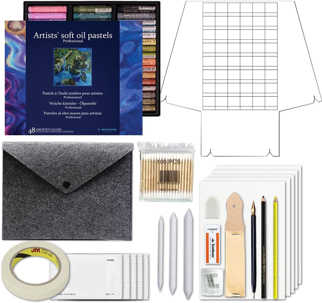 BERRYCANVAS Artists' Soft Oil Pastels Premium Set of 48 + Kits