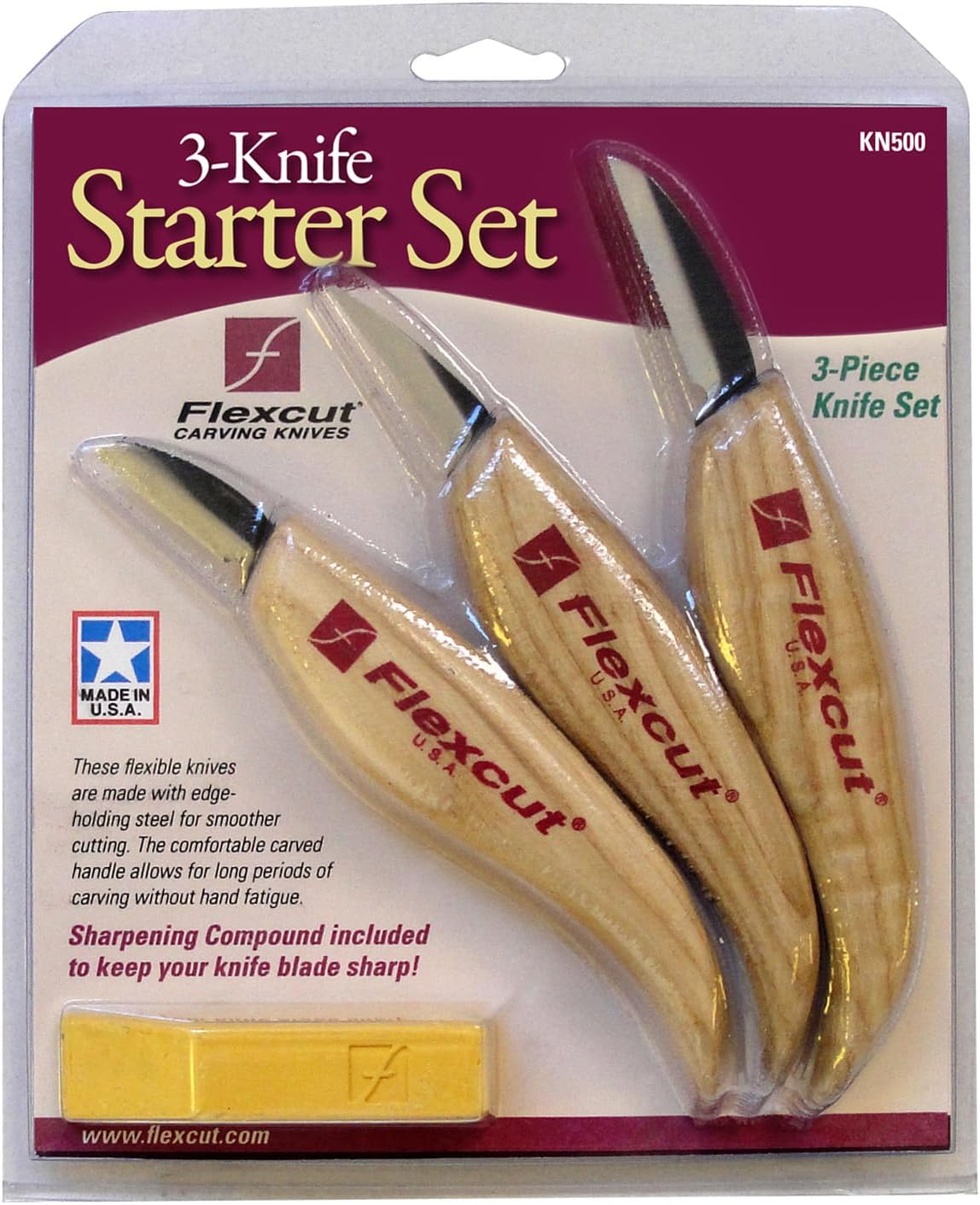 FLEXCUT Starter 3 Wood Carving Knife Set KN500, 1095 High Carbon Steel Blades and Ergonomic Ash Wood Handles for Beginners and Hobbyists - Image 2