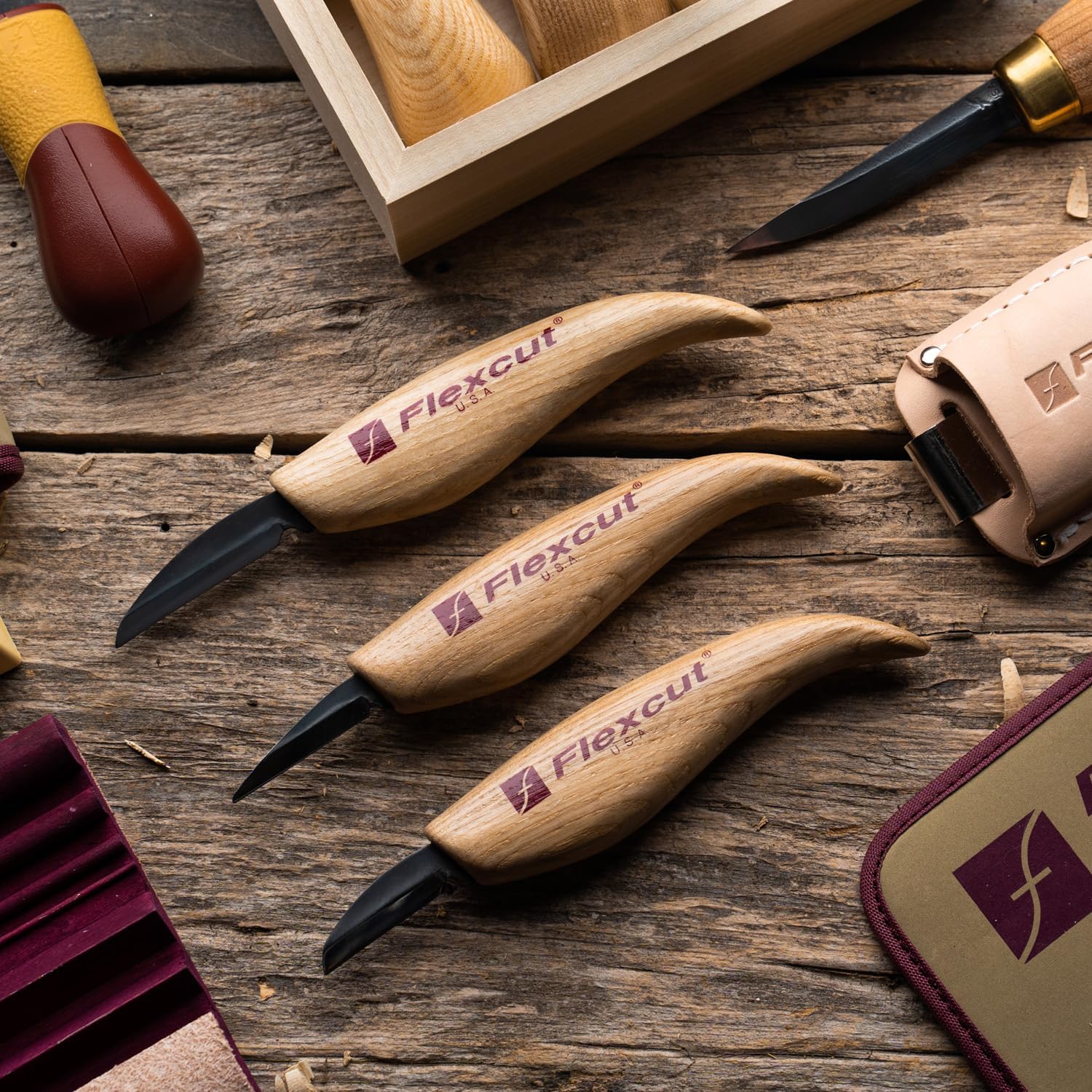 FLEXCUT Starter 3 Wood Carving Knife Set KN500, 1095 High Carbon Steel Blades and Ergonomic Ash Wood Handles for Beginners and Hobbyists - Image 4