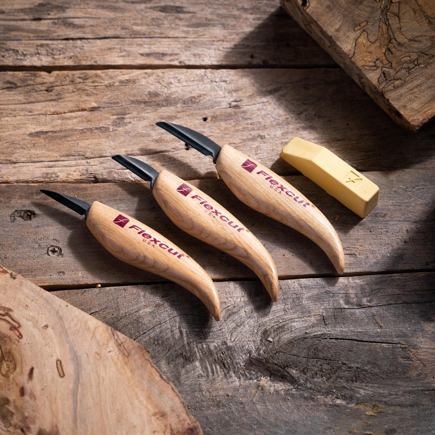 FLEXCUT Starter 3 Wood Carving Knife Set KN500, 1095 High Carbon Steel Blades and Ergonomic Ash Wood Handles for Beginners and Hobbyists - Image 6