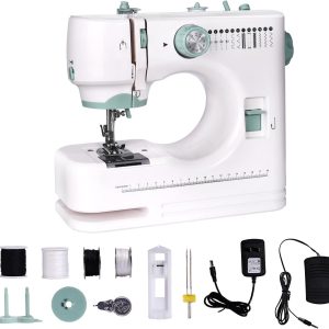 Mini Dual-Speed Sewing Machine,12 Built-in Stitches and Reverse Sewing，Foot Pedal, Dual Needle for Heavy Fabrics,Adjustable Sewing Speed，Portable & Beginner